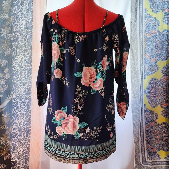 LILYPAD Blue Floral‎ Off the Shoulder Long Tunic Blouse Split Sleeve Size L - Picture 5 of 7
